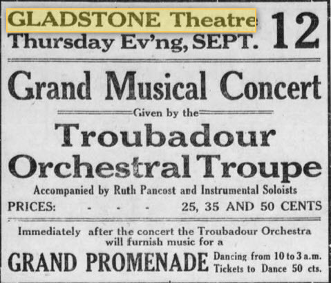 Gladstone Theatre - 11 SEP 1912 AD
